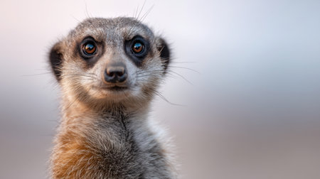 This striking image showcases a meerkat with curious eyes and a focused expression, set against a soft background that highlights its unique features beautifully.の素材