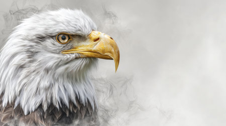 This stunning close-up of a bald eagle showcases its intricate feather details and fierce gaze against a soft smoke background, embodying nature's splendor and elegance.の素材