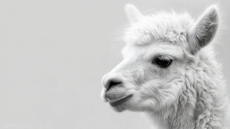 Charming portrait of a young llama captured in soft monochrome, highlighting its fluffy texture and gentle expression, perfect for animal-themed projects and content.の素材
