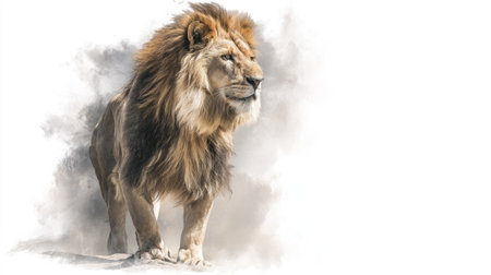 A stunning representation of a lion standing proudly, showcasing its flowing mane. The artwork combines realistic details with a soft, blended background that enhances its majesty.の素材