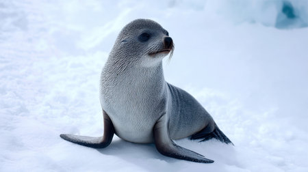 A charming seal sits gracefully on a blanket of snow, its glossy fur glistening in the cold light. Capture the beauty of winter wildlife and nature's tranquility.の素材