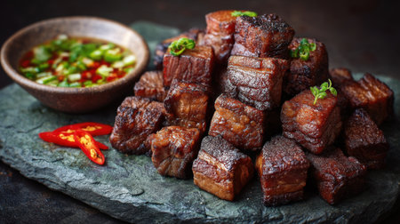 Indulge in a visually stunning presentation of crispy pork belly cubes accompanied by a vibrant spicy dipping sauce, ideal for food lovers and chefs.の素材