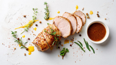 Enjoy a beautifully plated turkey breast with vibrant sauce and fresh herbs, perfect for inspiring culinary creations and festive meals. Ideal for chefs and home cooks.の素材