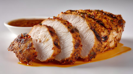 This image features expertly grilled chicken breast, sliced and presented with a side of savory sauce, ideal for a healthy meal or as part of meal prep.の素材