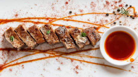 This image features a beautifully arranged dish of sliced meat, seasoned with colorful spices and served with a tangy dipping sauce, perfect for culinary inspiration.の素材