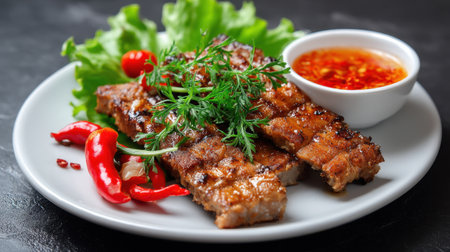 This image showcases succulent grilled meat served on a white plate with fresh greens, red chili peppers, and a spicy dipping sauce, ideal for culinary delights.の素材