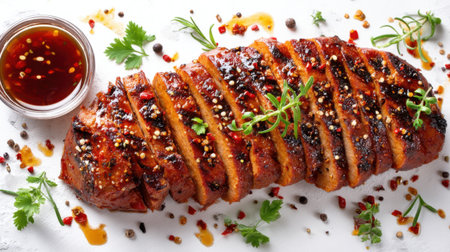 A visually appealing display of grilled meat, sliced and garnished with vibrant herbs and spices. Accompanied by a flavorful sauce, this dish showcases culinary artistry.の素材