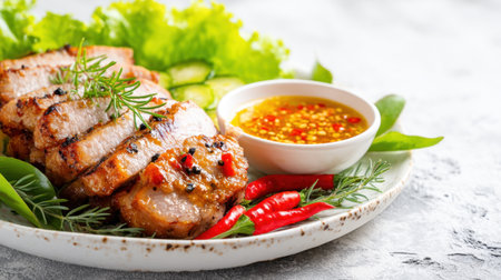 Mouthwatering grilled meat served on a white plate, surrounded by fresh greens and a spicy dipping sauce, perfect for a flavorful meal or gourmet dish.の素材