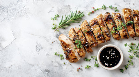 A mouthwatering display of grilled chicken breast slices garnished with fresh herbs and served with a flavorful sauce, perfect for culinary creations and food inspiration.の素材