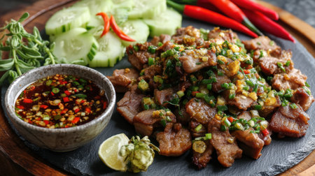 Enjoy a vibrant and flavorful plate showcasing grilled pork paired with a spicy dipping sauce and fresh vegetables, perfect for culinary enthusiasts and food lovers.の素材