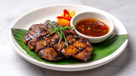 Succulent grilled meat slices arranged on a sleek plate with a rich sauce and vibrant vegetable garnish, creating an inviting dish perfect for food lovers.の素材