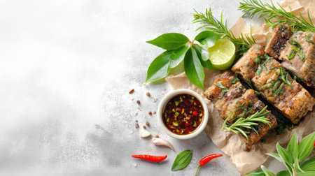 A beautifully arranged platter featuring freshly grilled meat, garnished with vibrant herbs, lime, and a spicy dipping sauce, perfect for culinary inspiration.の素材