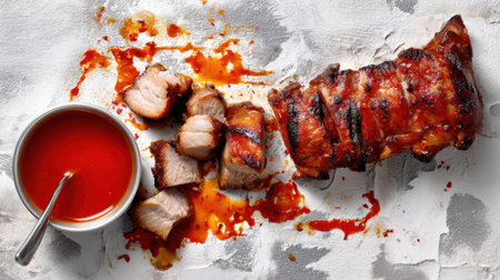 Savor the delightful essence of grilled pork ribs slathered in rich barbecue sauce, presented on a rustic surface, ideal for culinary enthusiasts and gatherings.の素材