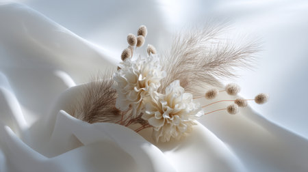 A captivating composition of exquisite white flowers and natural elements, set against a silky fabric backdrop, embodying serene beauty and elegance.の素材