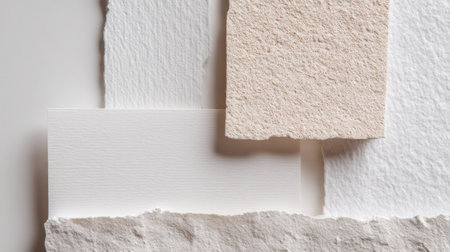 A collection of textured paper pieces featuring white and beige tones. Perfect for art projects, design inspiration, or as a backdrop for creative compositions.の素材