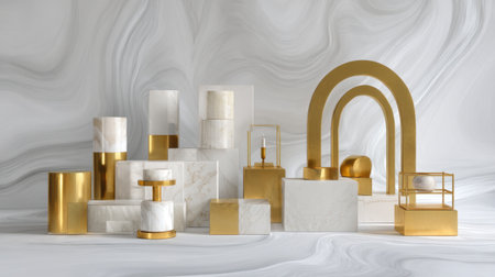 This captivating image features a stunning collection of geometric decor elements in gold and white, set against a soft flowing background, enhancing any modern space.の素材