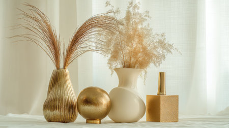 This image features an elegant arrangement of modern vases filled with dried flowers, capturing a chic aesthetic for contemporary interior decor. Ideal for inspirational use.の素材