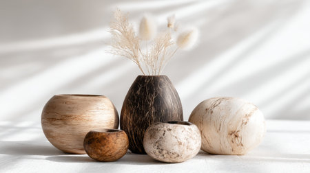 A serene arrangement of natural vases showcasing dried flowers against a soft background, emphasizing minimalist design and earthy elegance in home decor.の素材