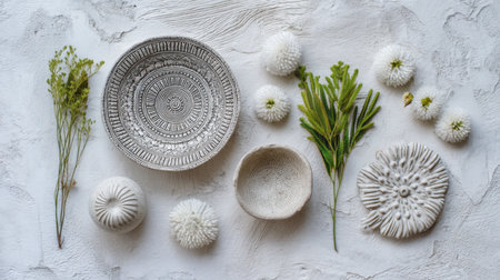 This stunning flat lay features beautifully crafted ceramic bowls surrounded by delicate dried flowers and greenery, showcasing a harmonious blend of nature and art.の素材