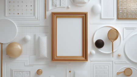This image presents a visually striking arrangement of white and gold decorative items, featuring an empty frame, ideal for artistic and interior design projects.の素材
