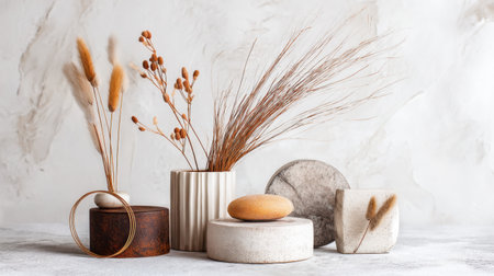 Discover a serene display of dried flowers and decorative stones in minimalist vases, perfect for modern interiors. This arrangement embodies tranquility and elegance.の素材