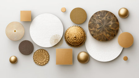 This artistic composition features an array of geometric shapes and textures in gold and white, perfect for interior design inspiration and luxurious decor ideas.の素材