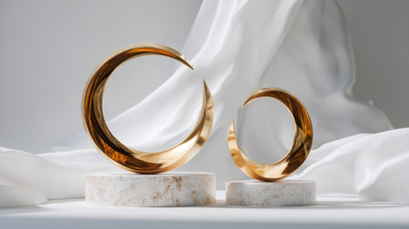 This image features elegant metallic sculptures shaped like crescents resting on marble bases, complemented by soft white drapery, enhancing a sophisticated ambiance.の素材