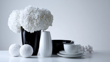 A sophisticated still life featuring a striking arrangement of white flowers in a black vase paired with elegant ceramics, perfect for minimalistic interior design inspiration.の素材