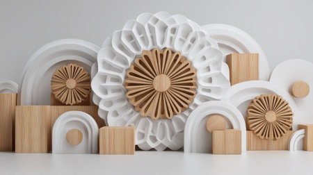 This abstract composition features a variety of wooden and white decorative elements artfully arranged against a light background, highlighting modern design principles.の素材