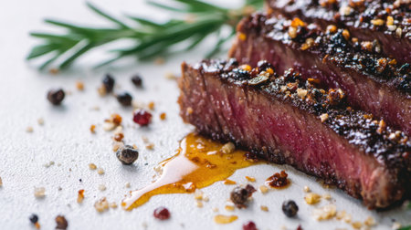 This vibrant close-up image captures a perfectly grilled steak showcasing a juicy pink center, garnished with fresh herbs and crushed spices, inviting culinary enthusiasts.の素材
