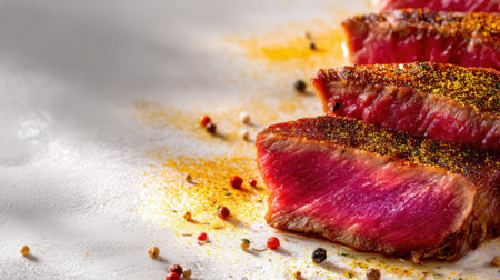 Mouthwatering slices of juicy steak with vibrant seasoning ready to ignite culinary creativity. Ideal for cooking inspiration and healthy meal options.の素材