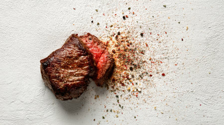 A beautifully grilled steak accompanied by a sprinkle of spices on a pristine white background, capturing the essence of culinary creativity and deliciousness.の素材
