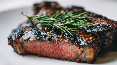 A close-up image of a perfectly grilled steak garnished with fresh rosemary, capturing the juicy texture and savory aroma, ideal for culinary presentations.の素材