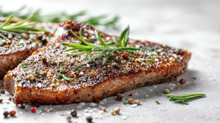 This image captures a freshly grilled steak garnished with rosemary and spices, showcasing its juicy texture and appealing culinary presentation ideal for food lovers.の素材