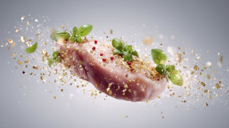 A captivating image showcasing fresh raw meat adorned with herbs and spices, suspended in mid-air, highlighting the artistry and creativity of culinary preparation.の素材