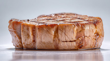 A close-up of a perfectly grilled steak featuring rich char marks on a simple white background, showcasing its tenderness and juiciness, ideal for gourmet presentations.の素材