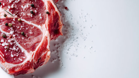 A fresh raw pork chop is beautifully presented on a white background, garnished with sea salt and black pepper, ideal for culinary inspiration and recipe development.の素材
