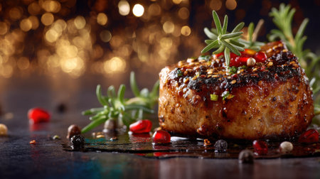 A close-up view of a perfectly grilled steak, adorned with fresh herbs and spices, set against a dark, blurred background, showcasing the art of gourmet cooking.の素材