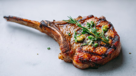 A beautifully grilled pork chop topped with herb butter, garnished with green onions and rosemary, showcasing rich colors and textures ideal for culinary projects.の素材