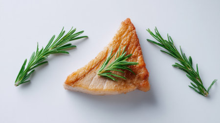 This captivating image features a perfectly cooked fish fillet adorned with sprigs of fresh rosemary, showcasing culinary artistry on a simple white plate.の素材