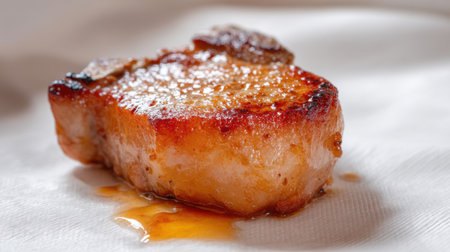 A mouthwatering grilled pork chop glistening with a sweet glaze, showcasing juicy texture on a pristine white surface. Perfect for culinary inspiration and food lovers.の素材