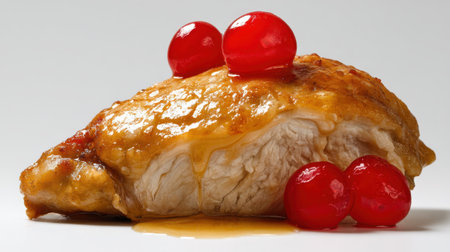 A beautifully presented glazed chicken breast topped with sweet cherries, perfect for food photography, cooking blogs, and culinary promotions.の素材
