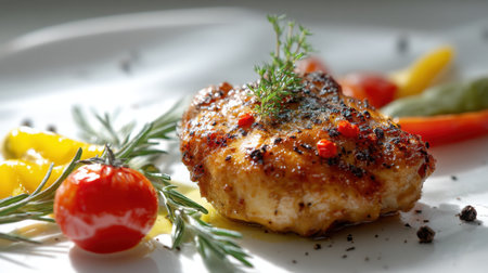 A beautifully plated grilled chicken breast garnished with fresh herbs and accompanied by colorful vegetables, showcasing gourmet culinary artistry and vibrant presentation.の素材