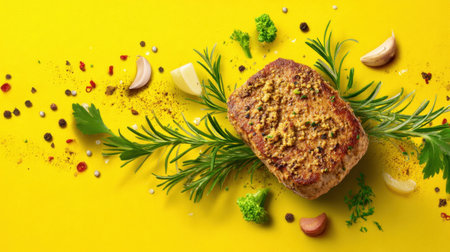 A beautifully arranged herb-crusted meatloaf sits on a vibrant yellow background, complemented by aromatic vegetables and spices, showcasing culinary creativity and freshness.の素材