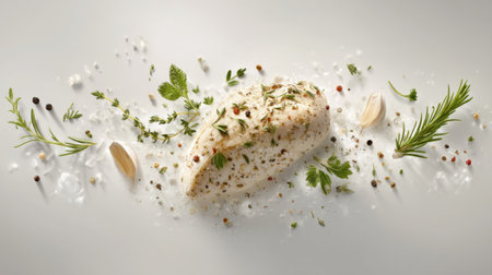 This image showcases a beautifully arranged piece of herb-crusted cheese, enhanced by colorful spices and fresh greens, perfect for culinary inspiration or gourmet presentations.の素材