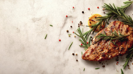 A beautiful grilled chicken breast garnished with fresh herbs and spices sits on a rustic stone background, perfect for showcasing delicious meal ideas and culinary creativity.の素材