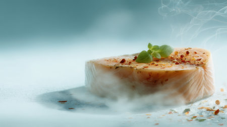 A beautifully arranged slice of gourmet cheese garnished with herbs and spices, emitting a light smoke, highlights a stunning presentation perfect for food enthusiasts.の素材