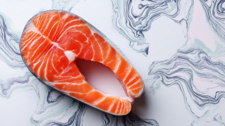 This vibrant salmon steak sits elegantly on a marbled surface, highlighting its rich color and quality. A perfect ingredient for healthy meals and culinary creativity.の素材