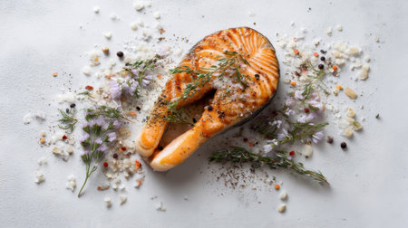 A beautifully grilled salmon fillet garnished with fresh herbs and edible flowers, showcasing an exquisite gourmet culinary presentation on a light surface.の素材