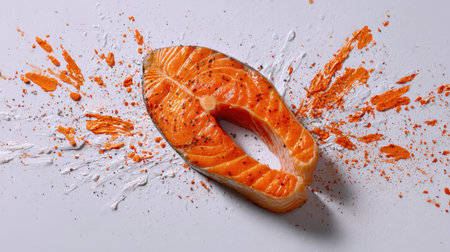 A striking image of a fresh salmon steak artistically displayed on a white surface, accented by colorful splashes of condiments and spices, showcasing freshness and flavor.の素材